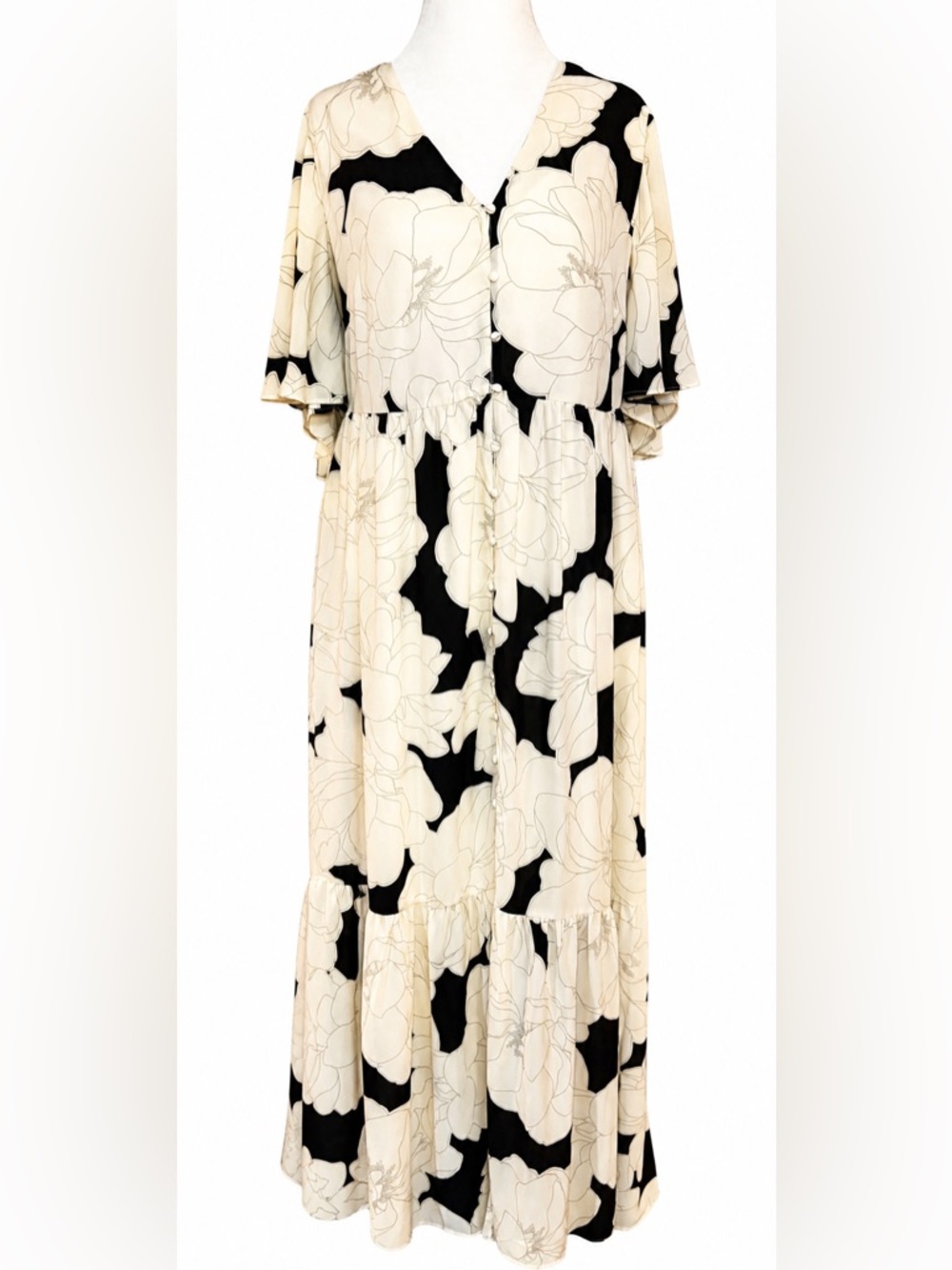 Sugarlips Floral Maxi Dress 2X Black Cream Button Front Boho